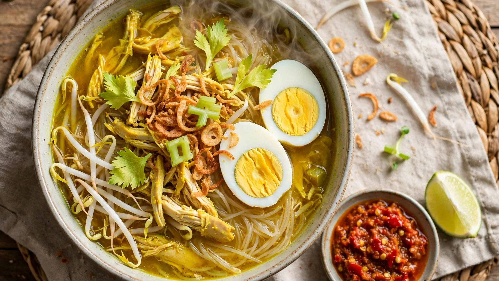 Bowl of soto ayam Indonesian turmeric chicken soup with shredded chicken, rice vermicelli, bean sprouts, halved hard-boiled eggs, fried shallots, celery leaves, lime wedge and sambal