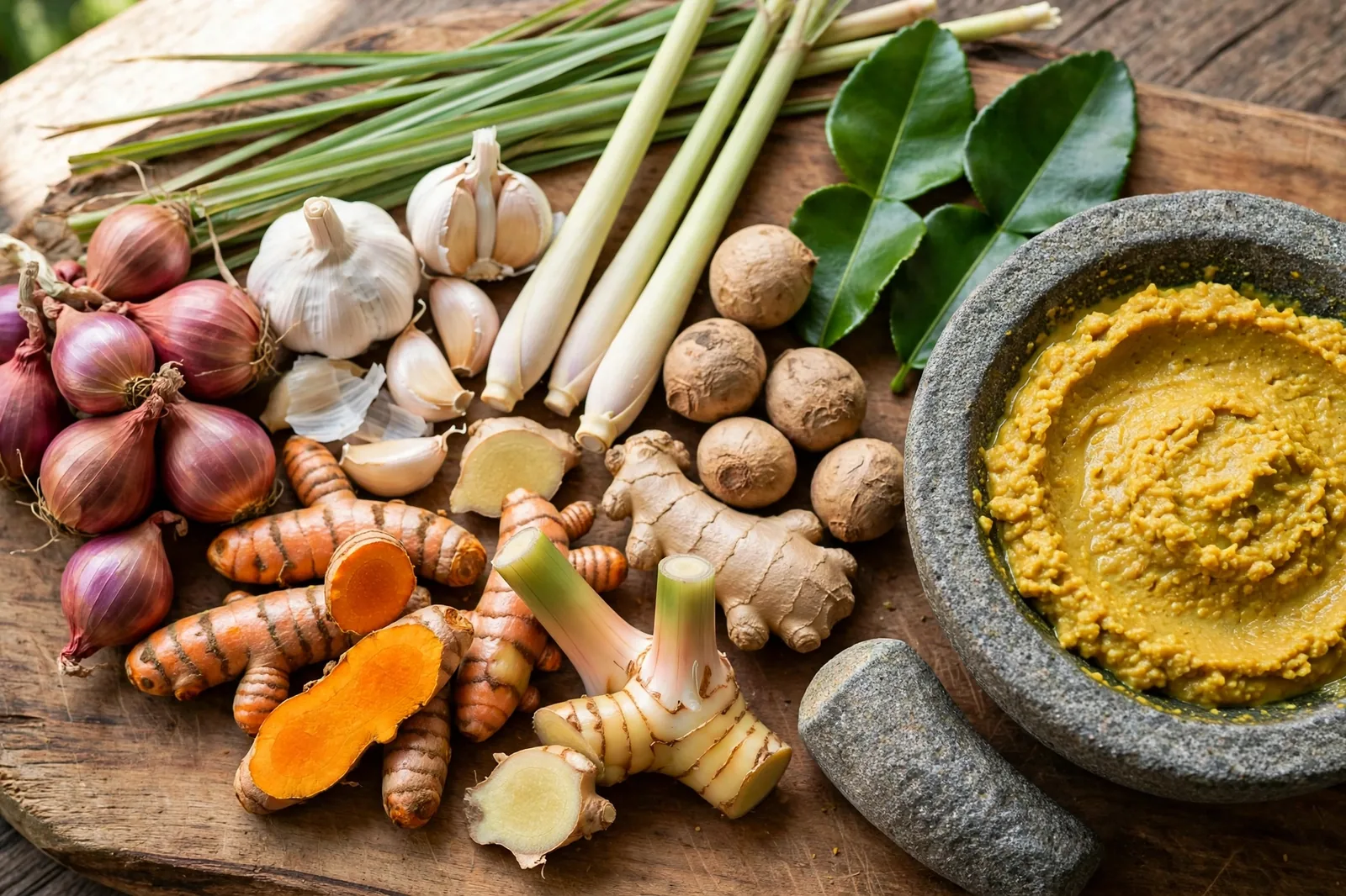 Shallots, garlic, fresh turmeric, ginger, galangal, lemongrass and kaffir lime leaves on a wooden board beside a stone mortar of golden spice paste