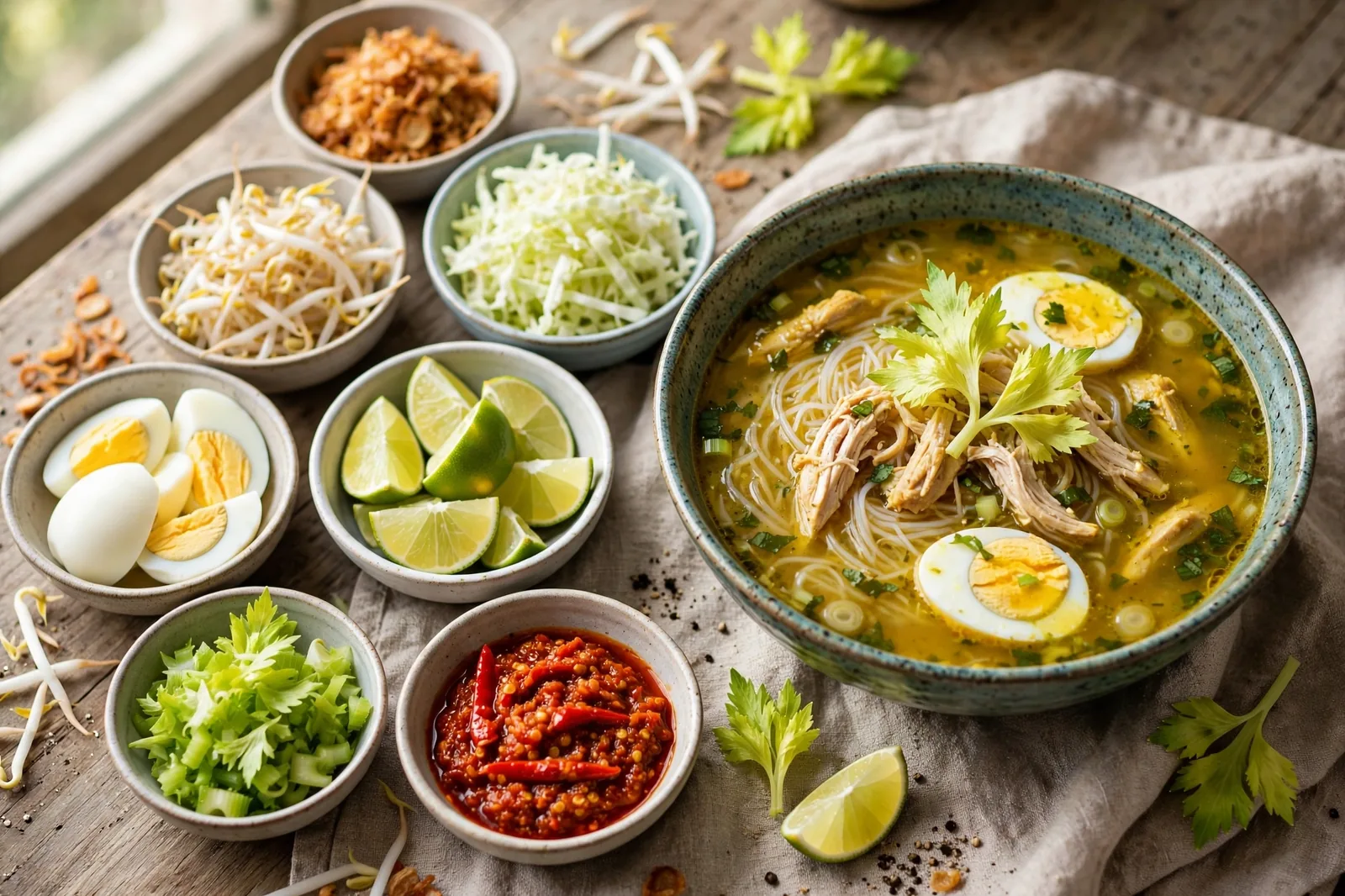 Small bowls of soto ayam toppings, fried shallots, bean sprouts, shredded cabbage, hard-boiled eggs, lime wedges, celery leaves and sambal, beside a finished bowl of soup