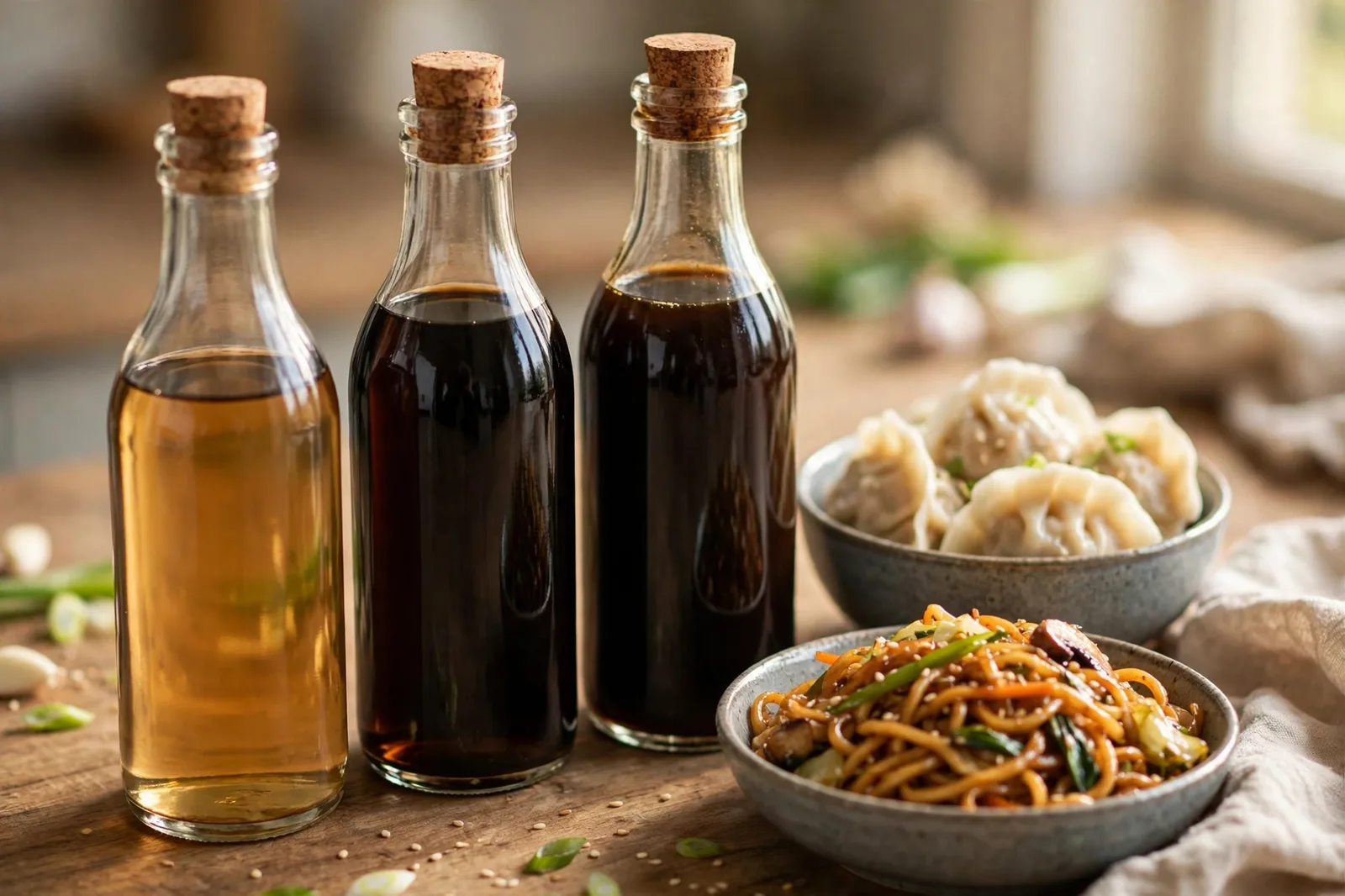 Three bottles of soy sauce in light and dark shades next to bowls of dumplings and stir-fried noodles