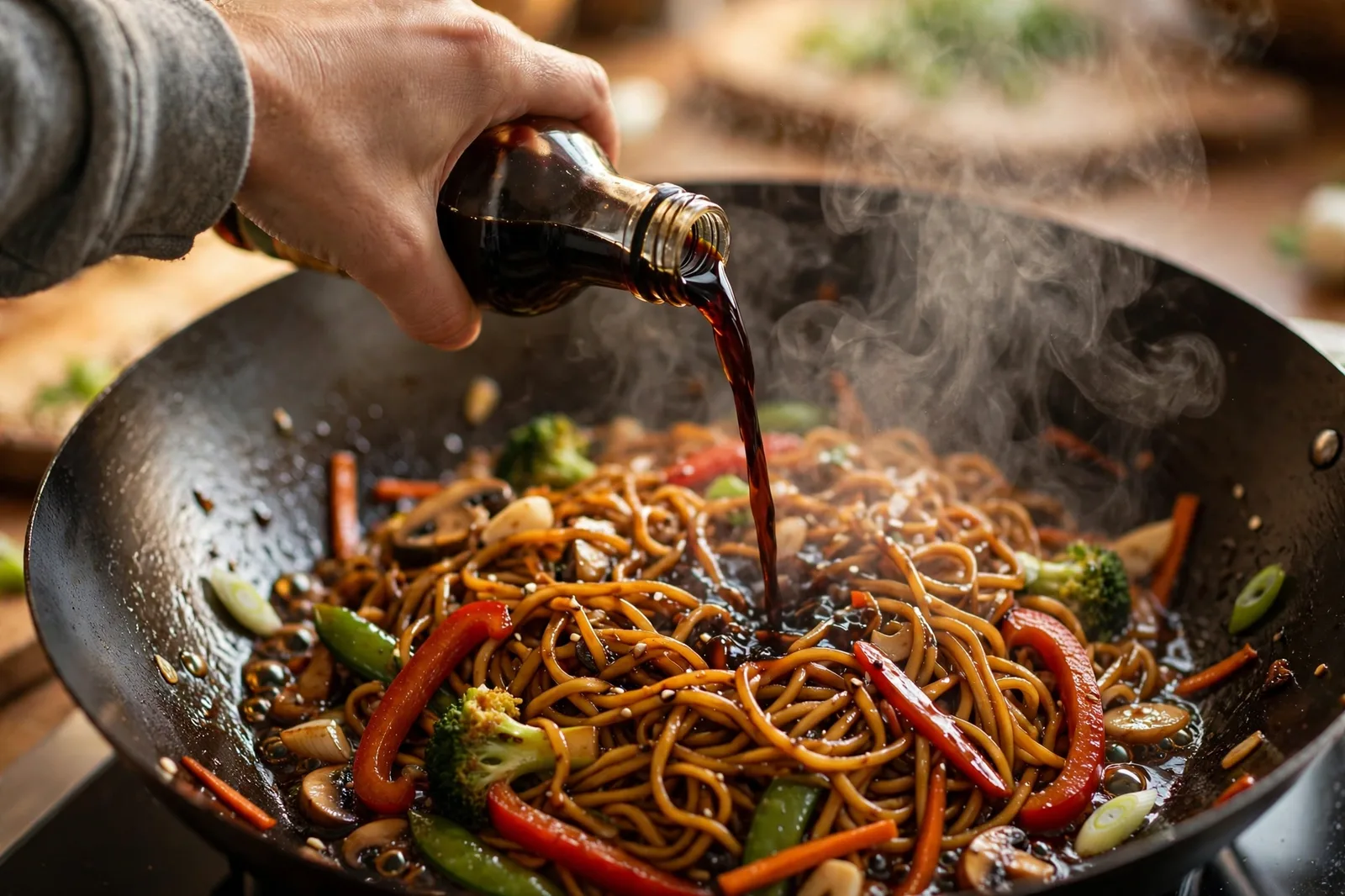 Pouring dark soy sauce into a steaming wok of noodles and vegetables
