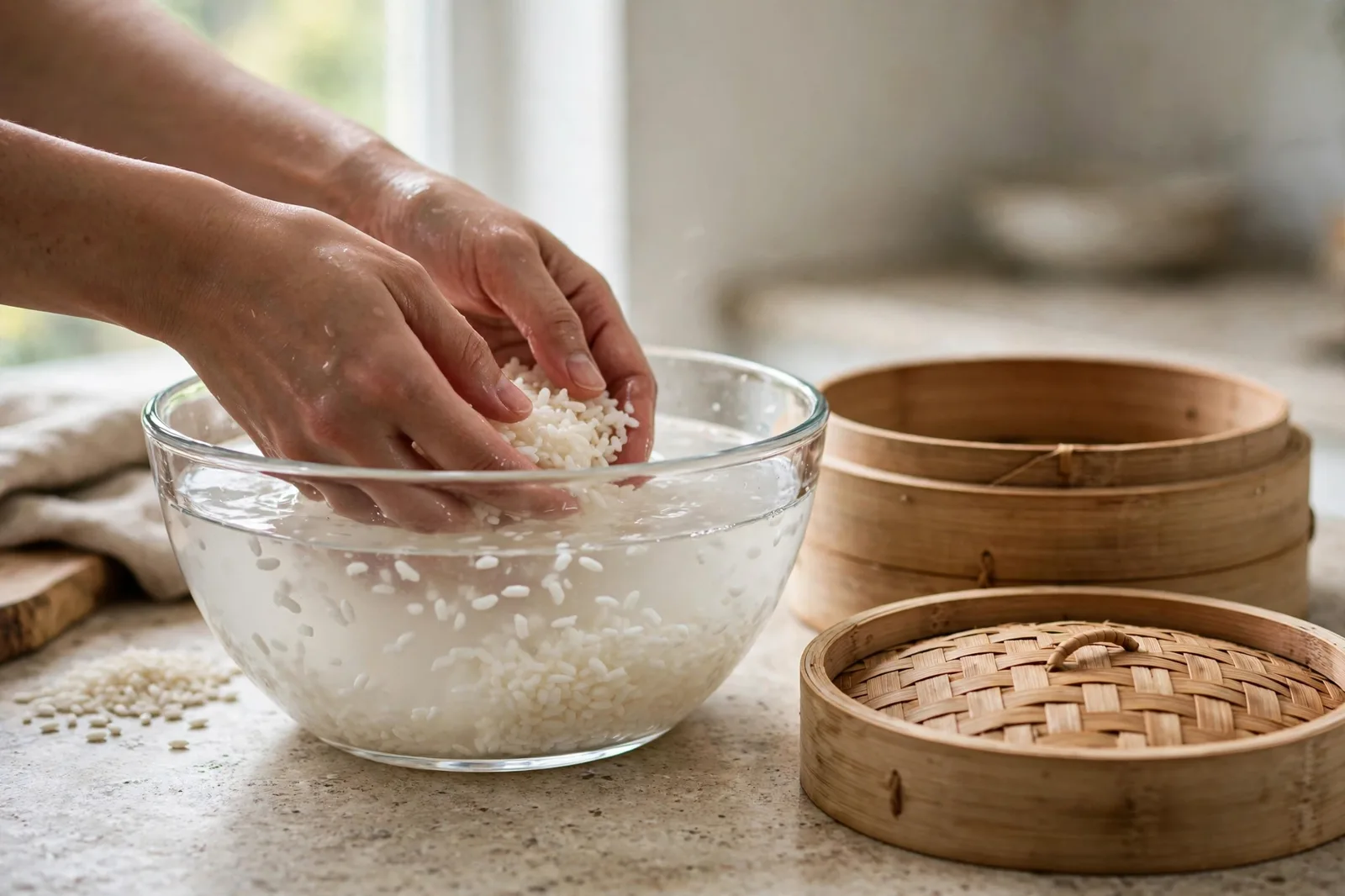 Hands rinsing white glutinous sticky rice in a bowl of water beside an empty bamboo steamer