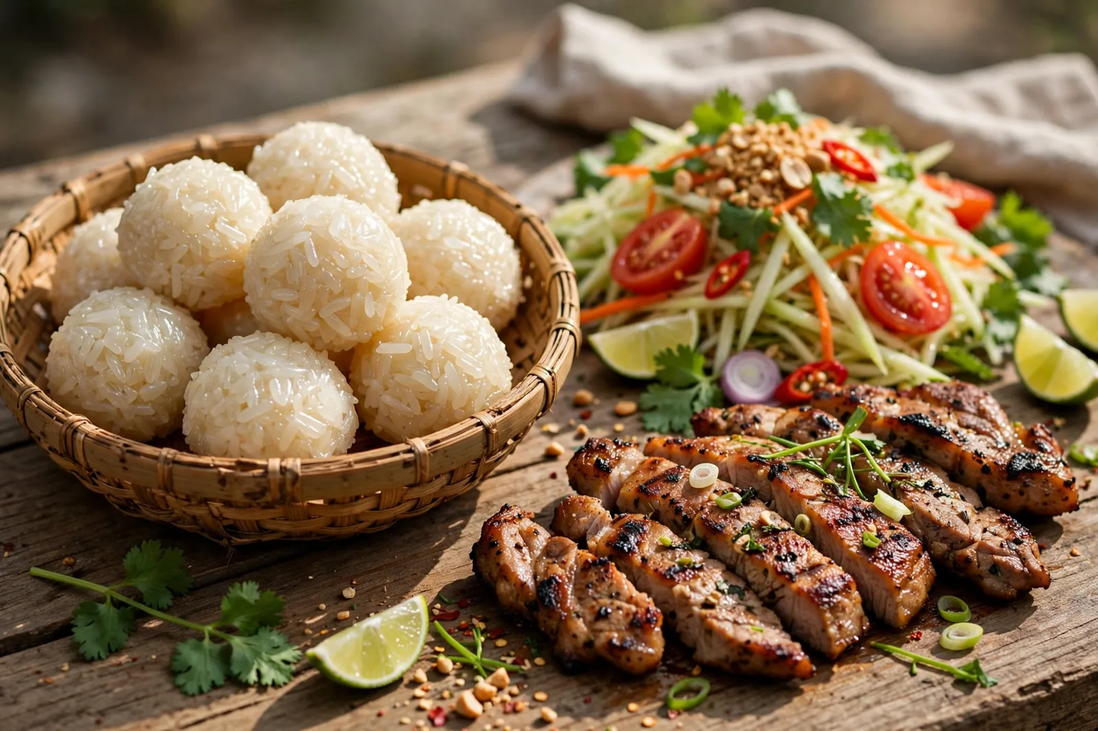 Cooked sticky rice shaped into small balls in a woven basket served with papaya salad and grilled meat on a wooden table