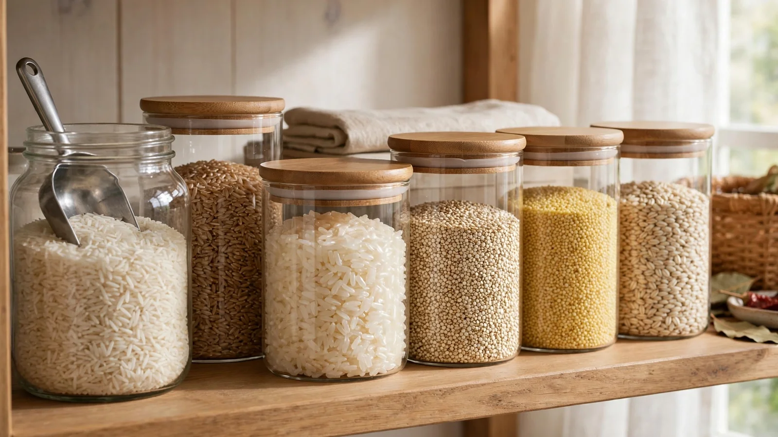 Glass jars and sealed containers of white rice, brown rice, quinoa, millet, and barley arranged on a neat kitchen pantry shelf, with a metal scoop resting in an open jar of rice