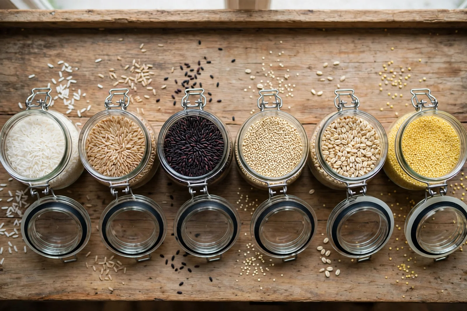 Open clear glass jars on a wooden counter showing white rice, brown rice, black rice, quinoa, barley, and millet side by side, with gasket lids in front of the jars