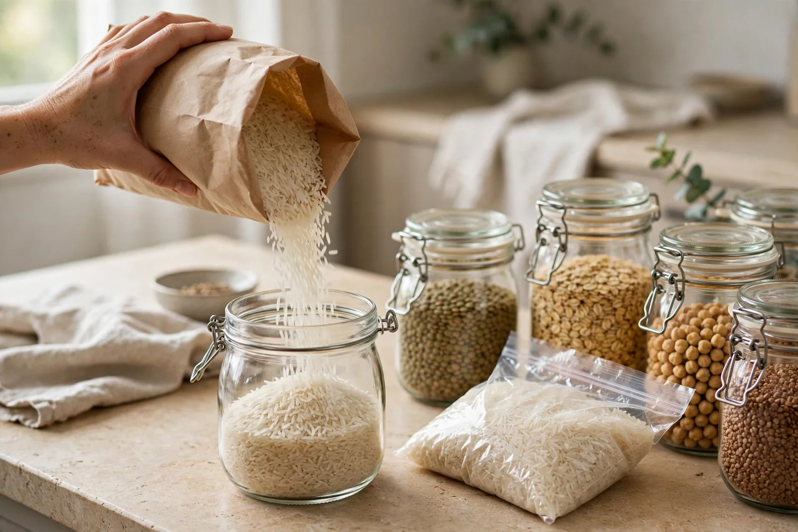 A hand pouring rice from a plain paper bag into a clean glass storage jar on a kitchen counter, with a sealed plastic bag of rice and other filled grain jars nearby