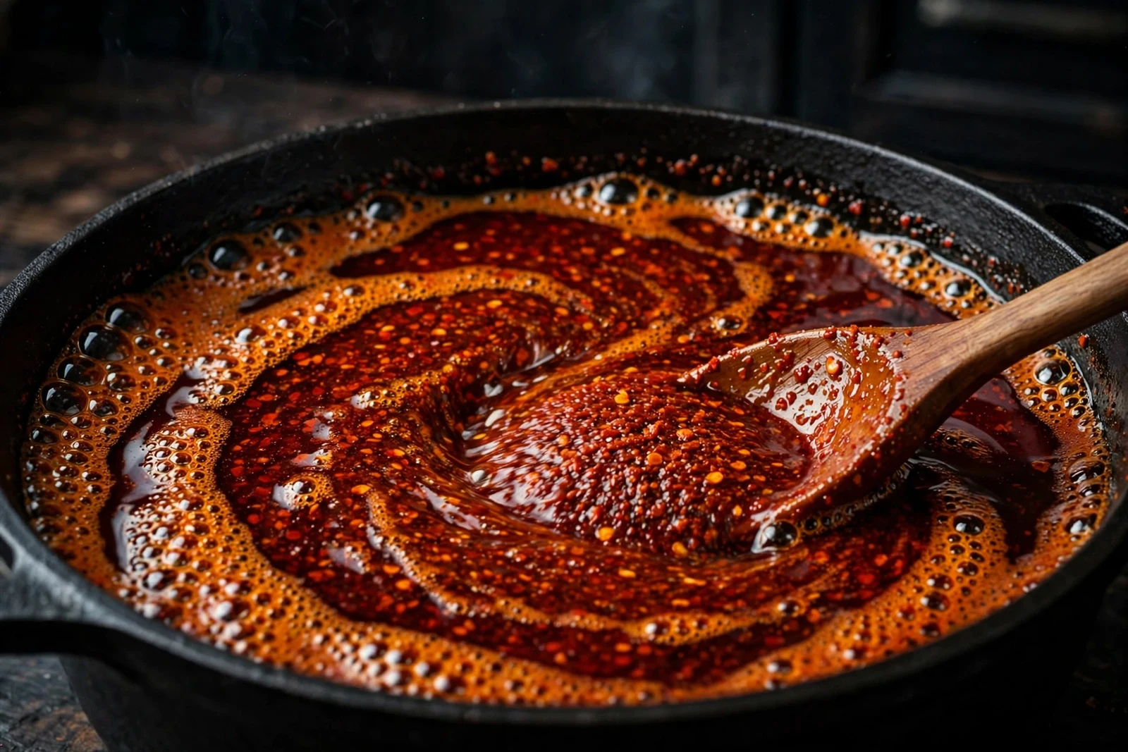 Gochugaru chili flakes blooming in hot sesame oil in a black pot, deep red oil with fine bubbles, wooden spoon stirring