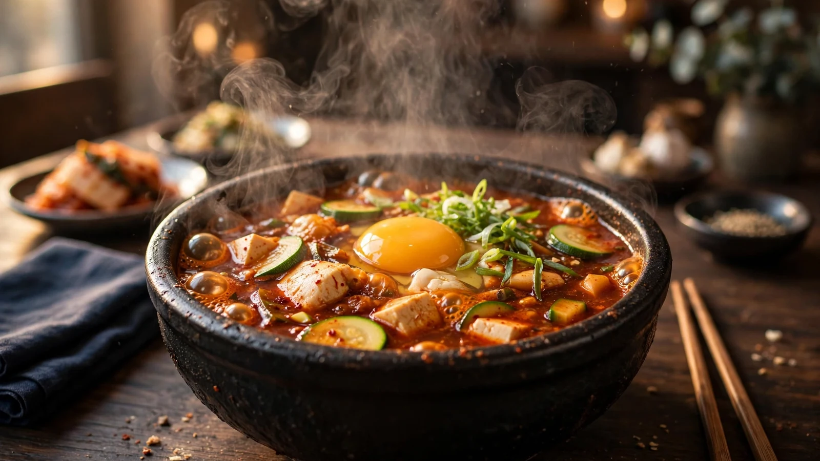 Bubbling red sundubu jjigae in a black earthenware bowl, with silken tofu chunks, a glistening egg yolk, sliced zucchini, and green onions, steam rising