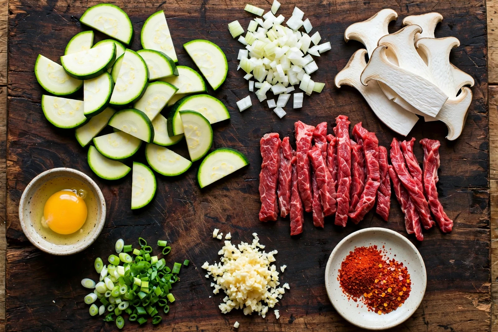 Mise en place for sundubu jjigae on a dark wooden board: sliced zucchini, diced onion, mushrooms, beef strips, gochugaru, garlic, egg, and green onions