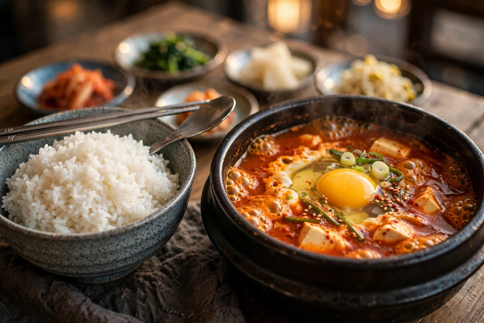 A bowl of steamed white rice beside a bubbling earthenware bowl of sundubu jjigae with tofu and egg