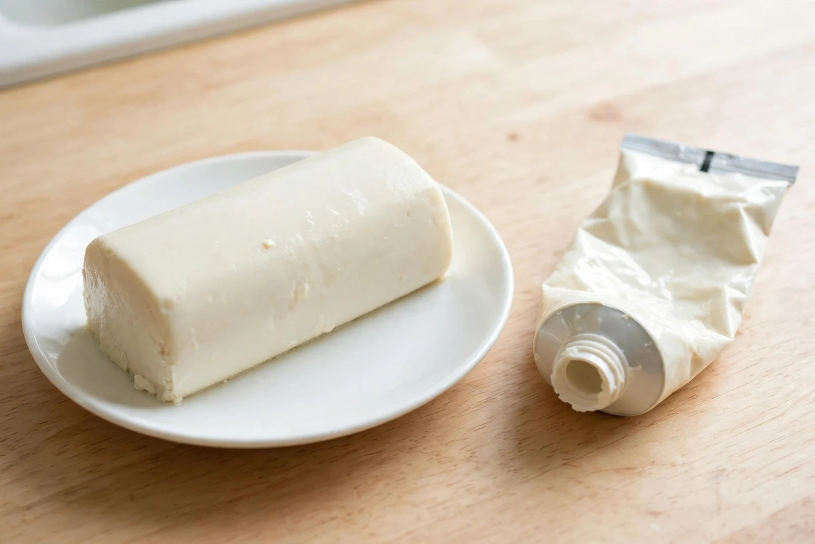 A tube of Korean sundubu soft tofu being squeezed out in a smooth white cylinder onto a small white plate