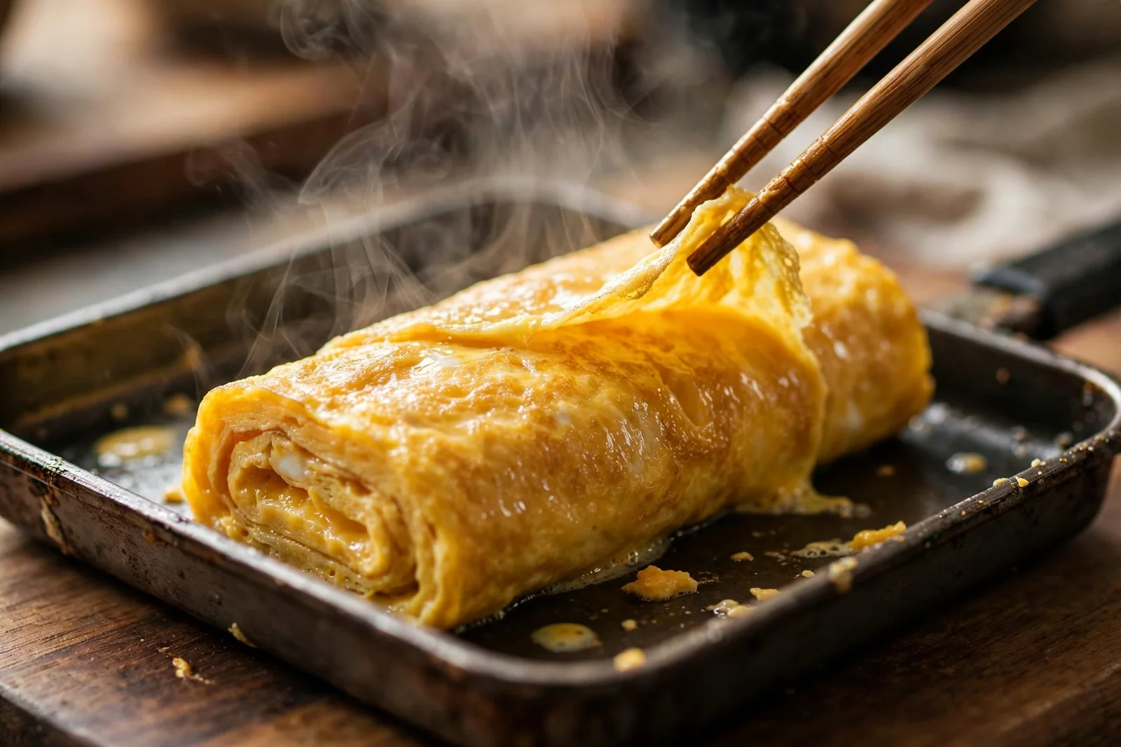 Tamagoyaki rolled omelet being rolled with chopsticks in a rectangular Japanese egg pan