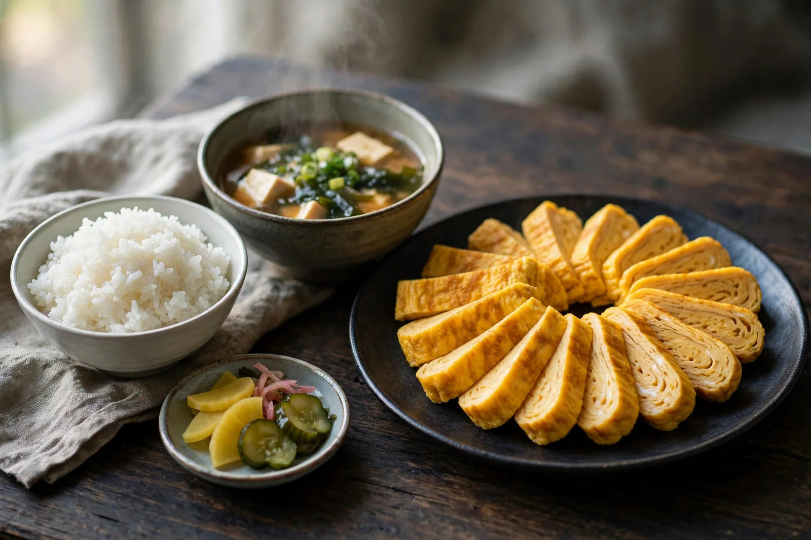 Japanese breakfast spread with sliced tamagoyaki, miso soup, white rice and pickled vegetables on a wooden table