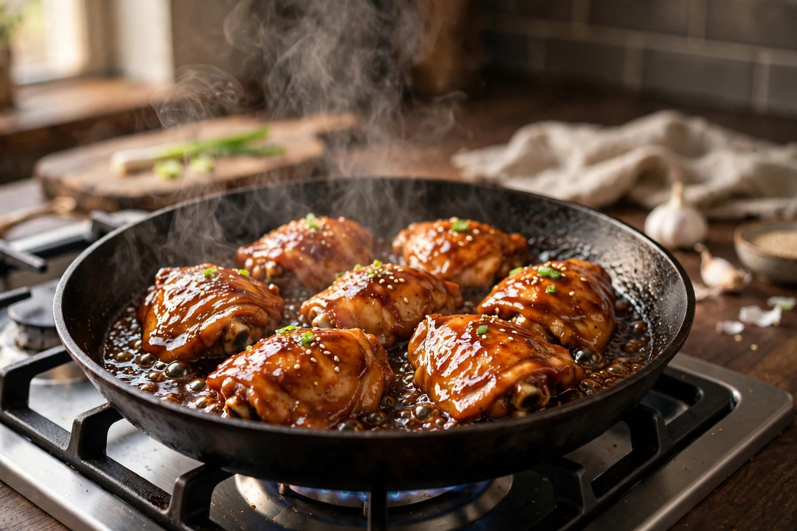 Teriyaki-glazed chicken thighs simmering in a pan with a glossy sauce