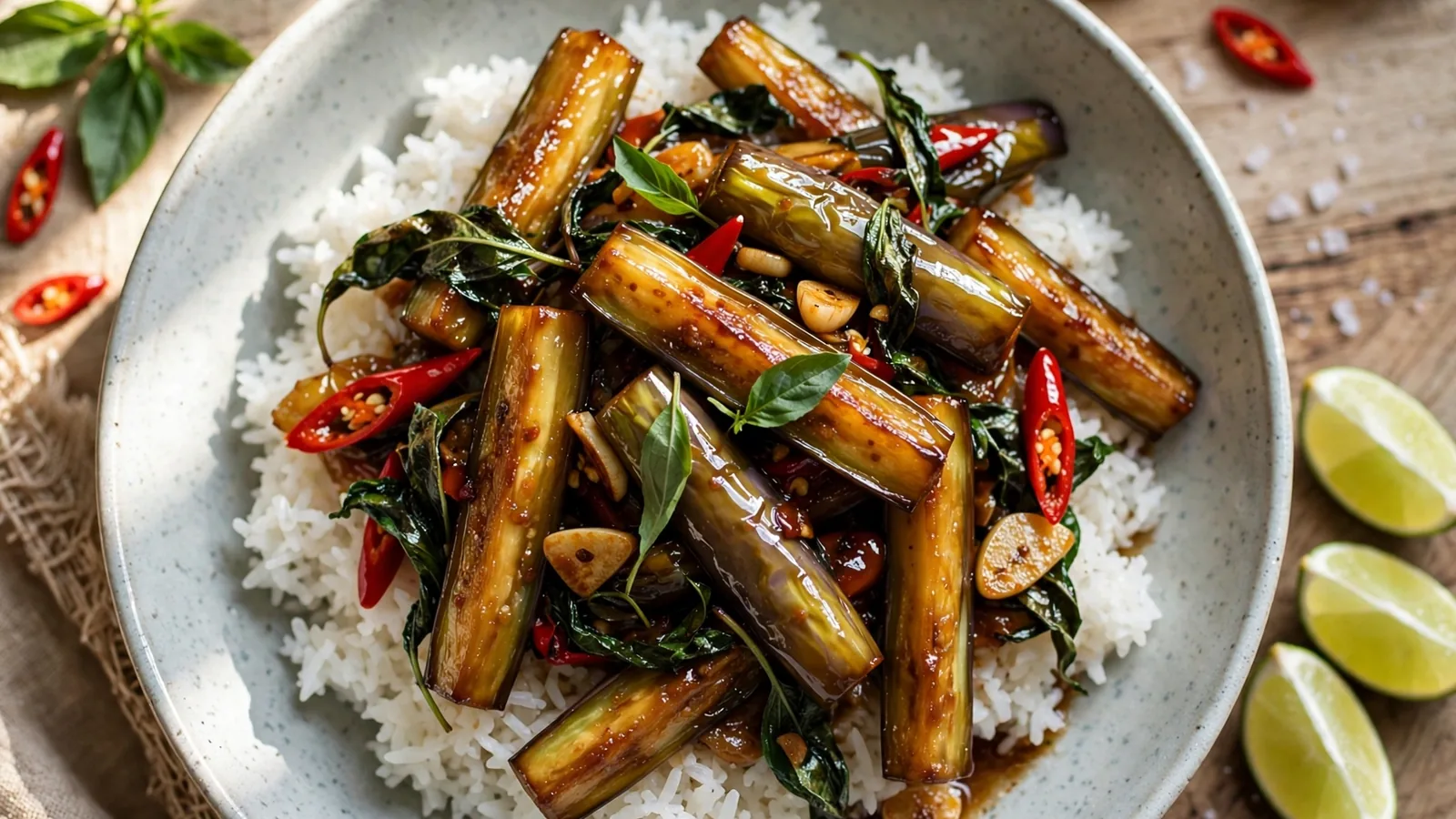 Ceramic bowl of Thai basil eggplant stir-fry over steamed jasmine rice: glossy golden eggplant batons, wilted Thai basil leaves, sliced red chilies and garlic, with lime wedges and fresh basil beside the bowl