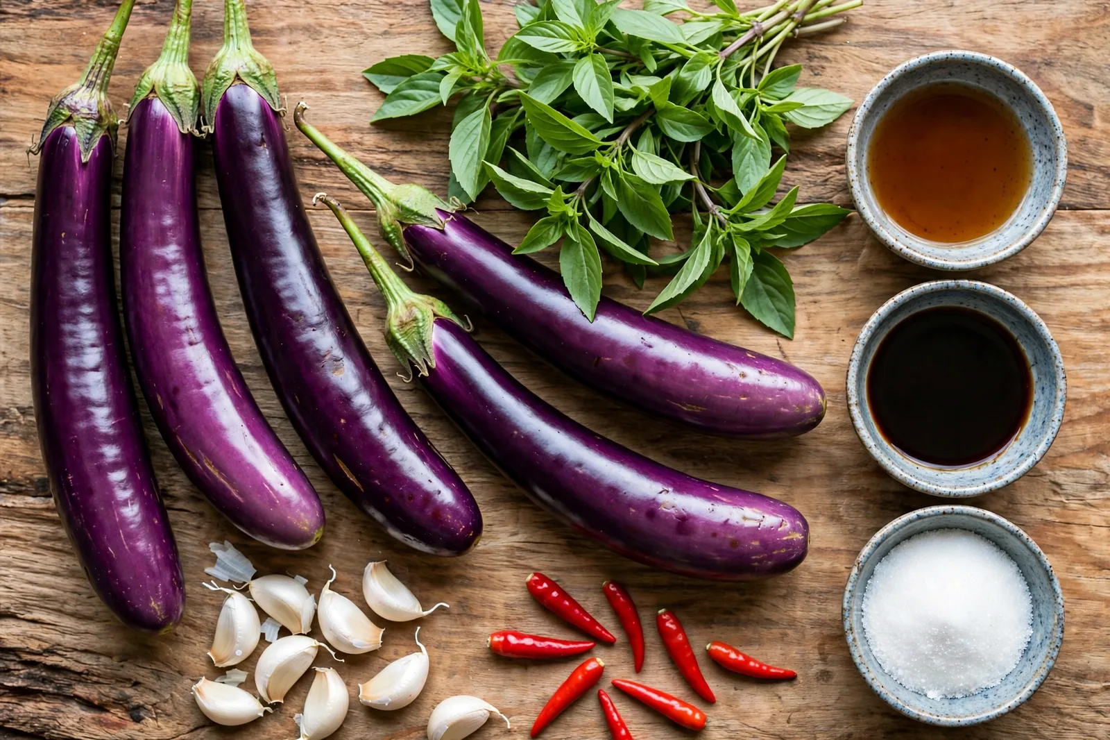 Ingredients for Thai basil eggplant on a wooden counter: whole long purple Asian eggplants, a bunch of fresh Thai basil, garlic cloves, red Thai bird chilies, and small bowls of fish sauce, soy sauce and sugar