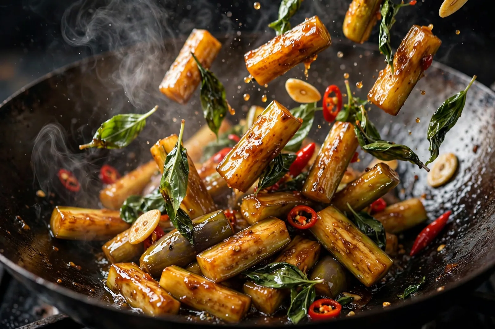 Thai basil eggplant being tossed in a dark wok: glossy sauced eggplant batons mid-toss with Thai basil leaves, sliced garlic and red chilies, steam rising