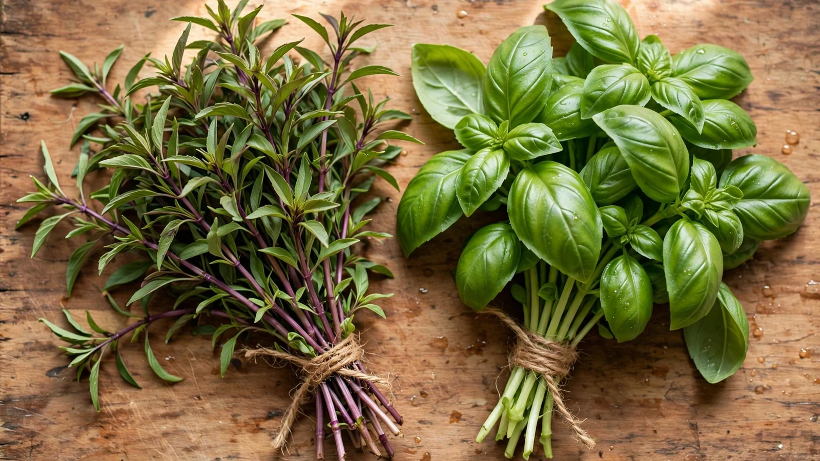 Two basil bunches side by side on a wooden board: Thai basil with purple stems and narrow pointed leaves, Italian Genovese basil with broad bright green leaves