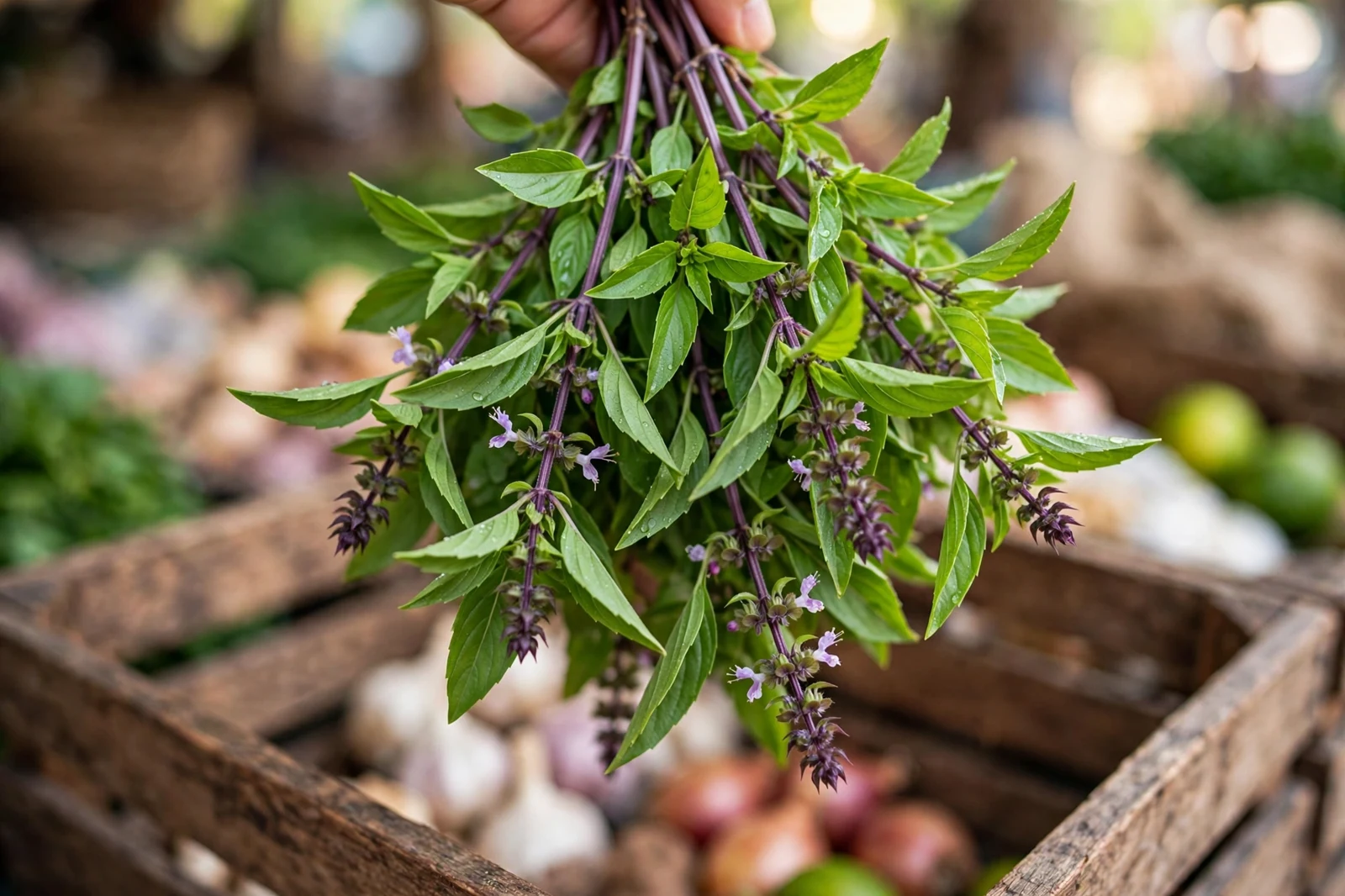 Fresh Thai basil bunch with purple stems, pointed leaves and purple flower buds held over a market crate