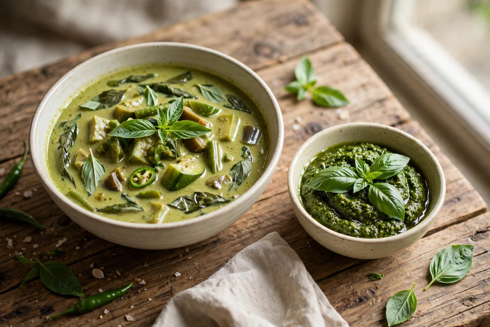 Bowl of Thai green curry with basil leaves beside a small bowl of Italian basil pesto topped with Genovese basil leaves