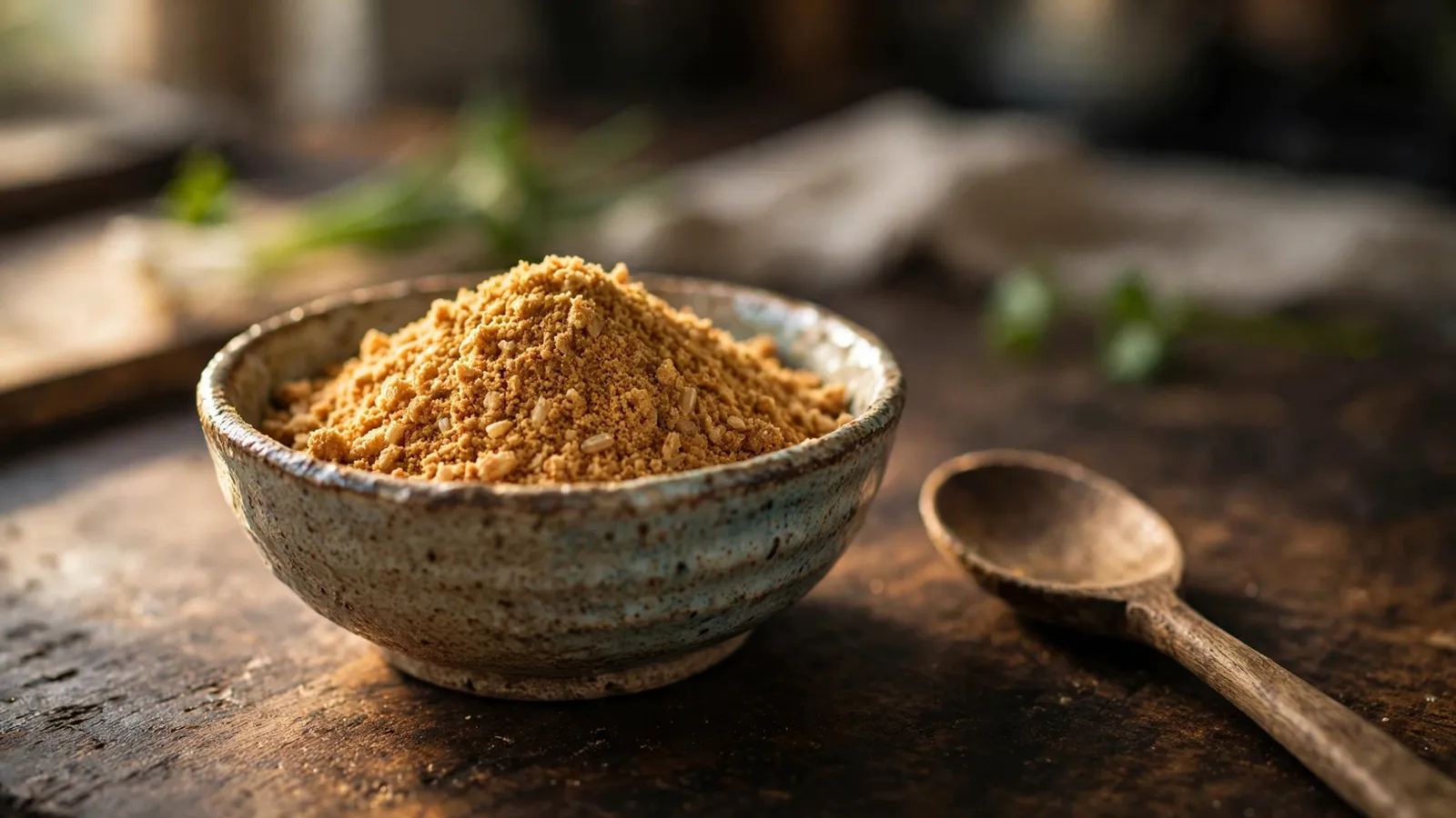 A ceramic bowl of golden-brown toasted rice powder with a wooden spoon on a dark wooden counter