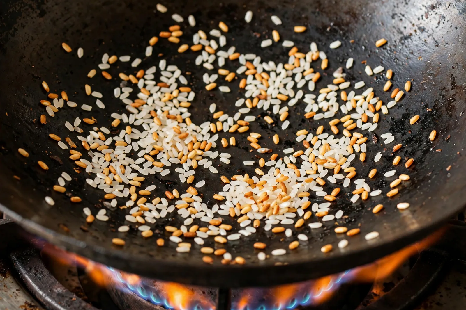 White glutinous rice grains toasting and turning golden in a dry black wok over a gas flame