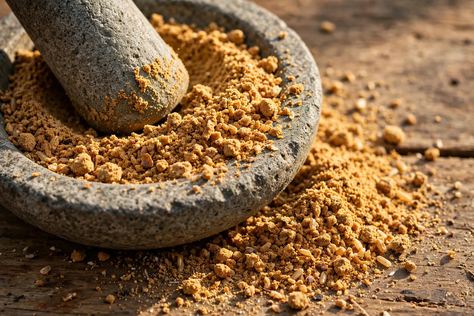 Coarse golden toasted rice powder being ground in a stone mortar and pestle