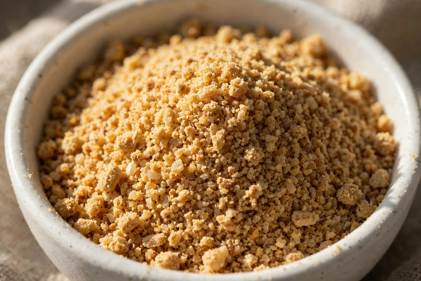 Close-up of coarse toasted rice powder showing its rough sandy grain texture in a small white bowl