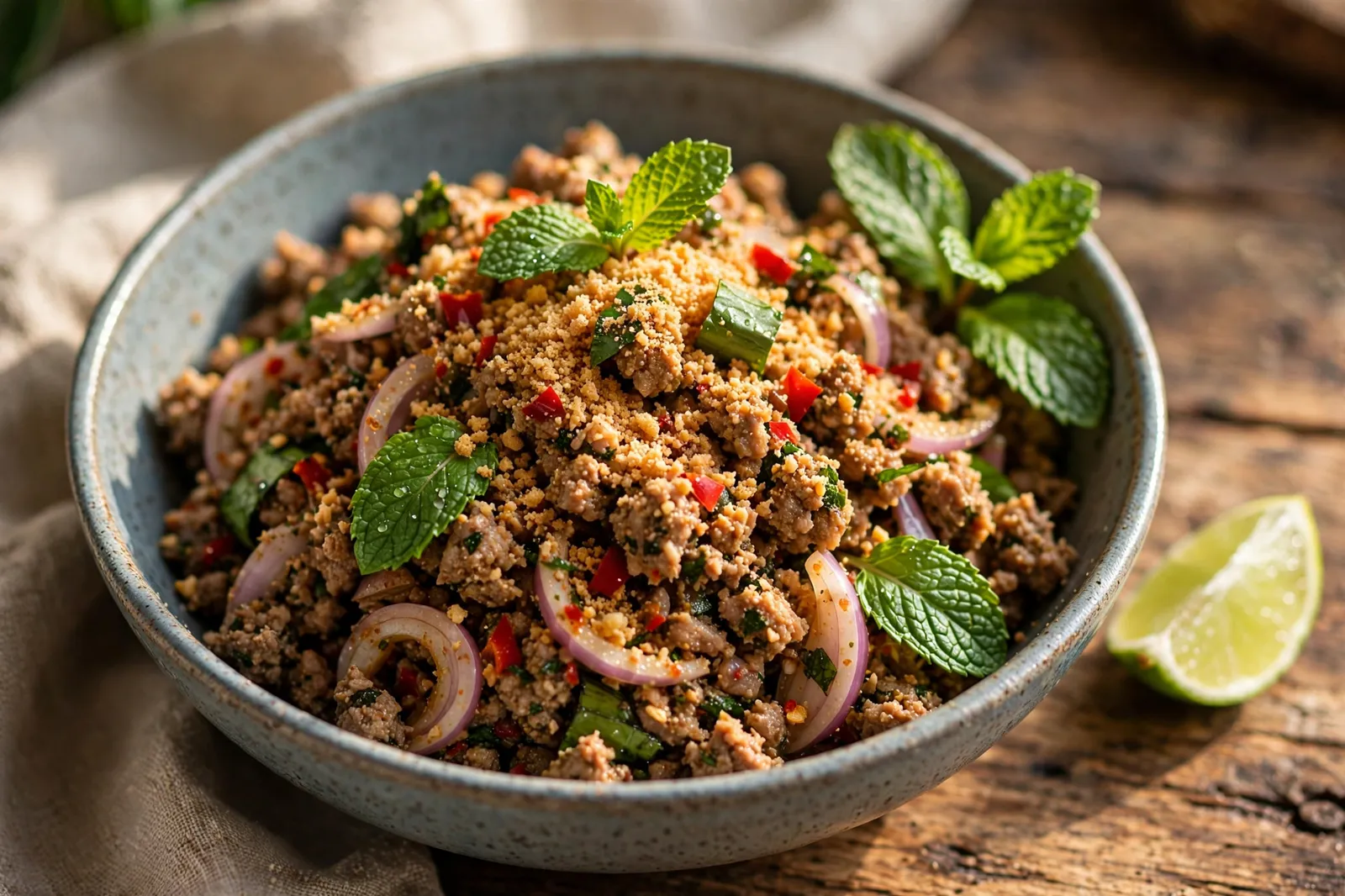 A bowl of Thai larb minced meat salad with mint leaves, red chilies, and toasted rice powder sprinkled on top, with a lime wedge beside it
