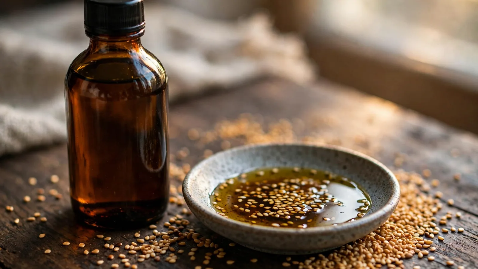 Bottle of dark amber toasted sesame oil beside a small ceramic dish of sesame oil topped with toasted sesame seeds on a dark wood table