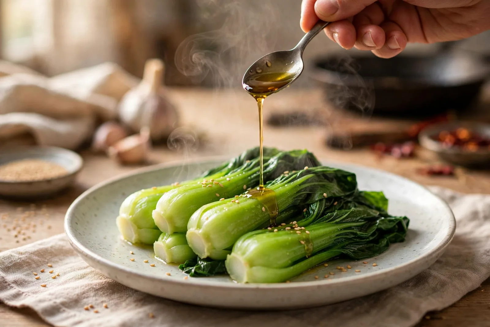 Hand drizzling toasted sesame oil from a spoon over steamed bok choy on a ceramic plate