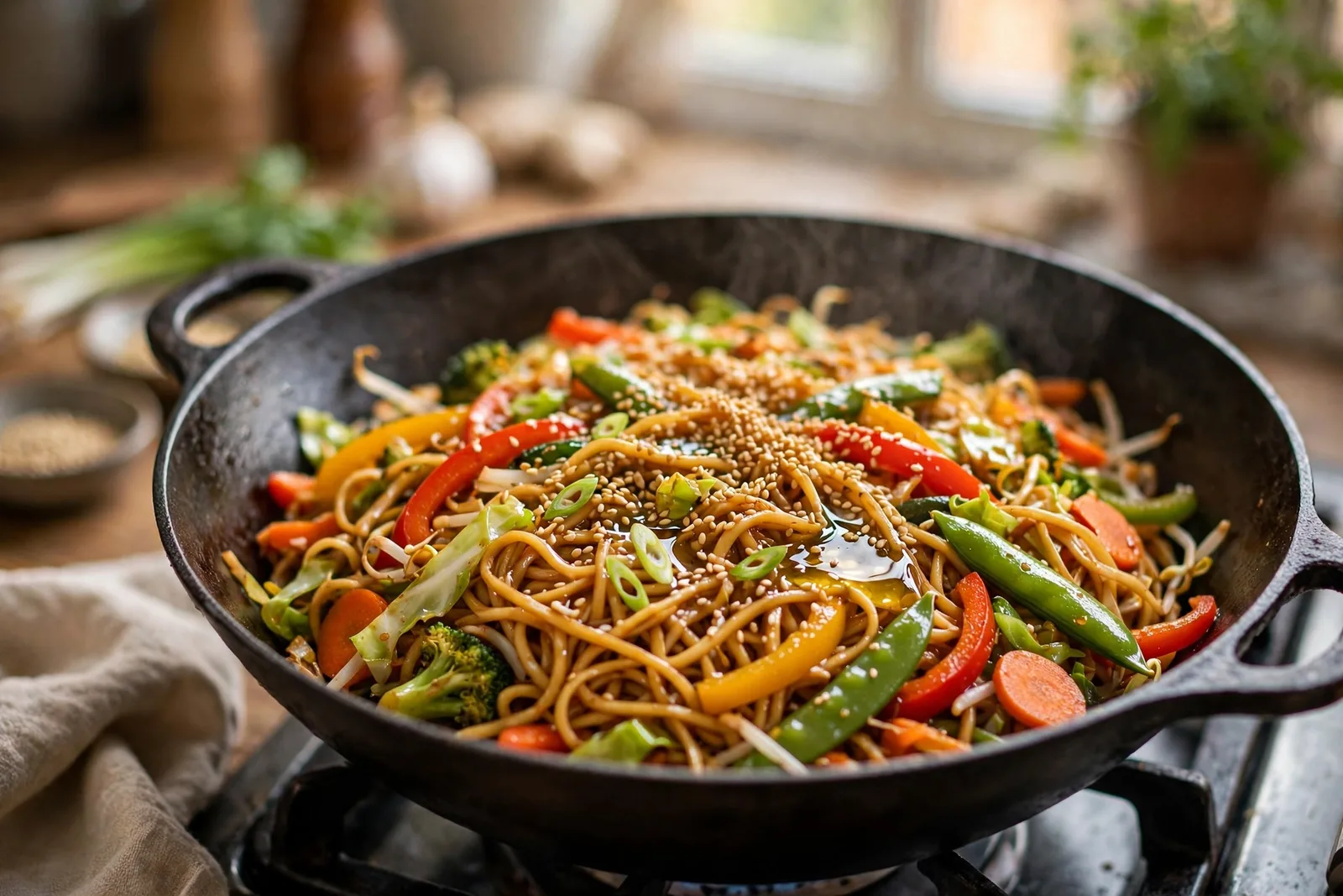 Wok of stir-fried noodles with bell peppers, snow peas, and broccoli finished with sesame seeds and a drizzle of toasted sesame oil