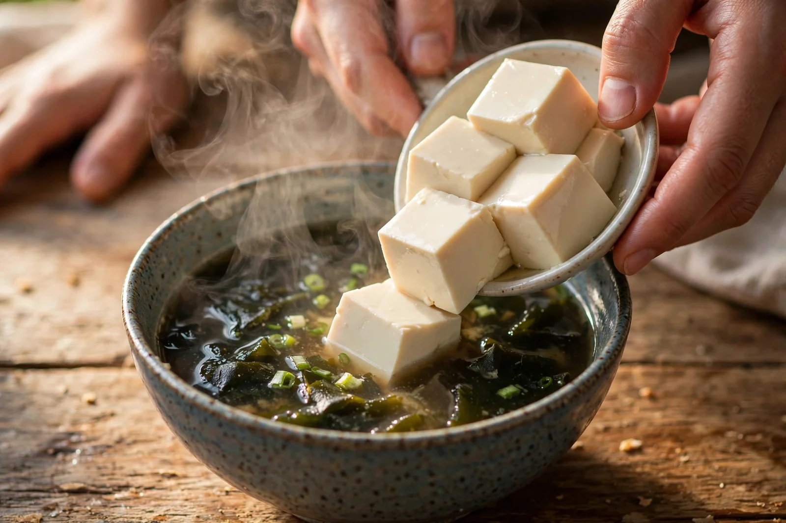 Silken tofu cubes being gently added to a steaming bowl of miso soup with wakame and scallions