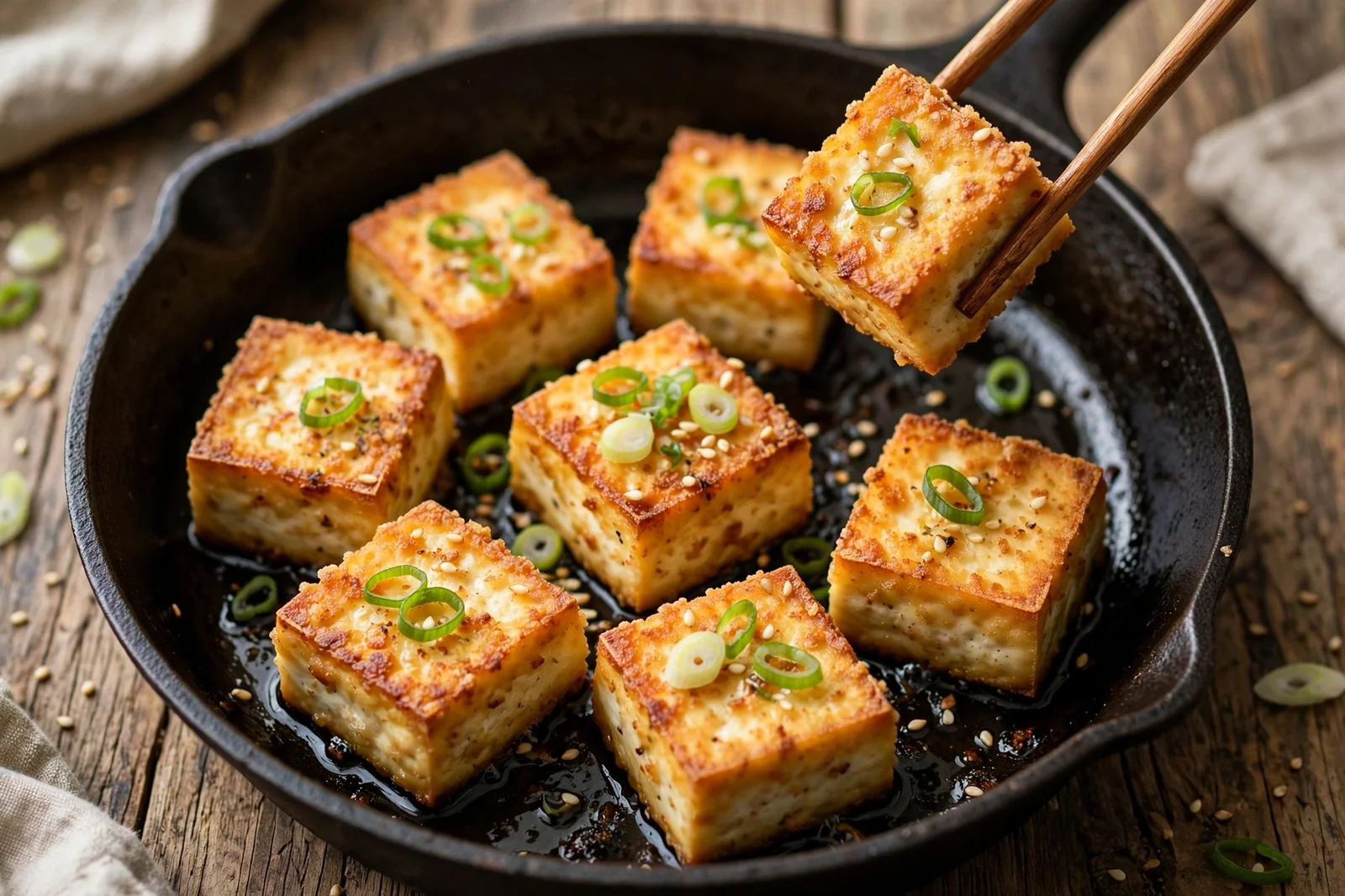Golden pan-fried tofu cubes with crispy edges in a cast-iron skillet, topped with scallions and sesame seeds