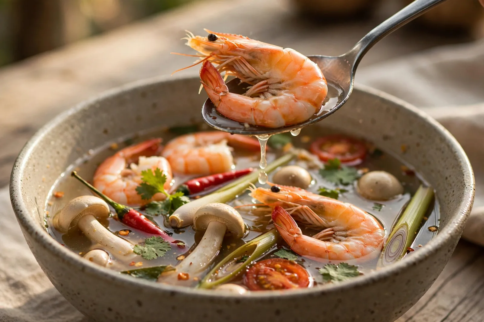 Bowl of clear Tom Yum soup with whole shrimp, mushrooms, lemongrass, cherry tomatoes and red chilies, spoon lifting a shrimp