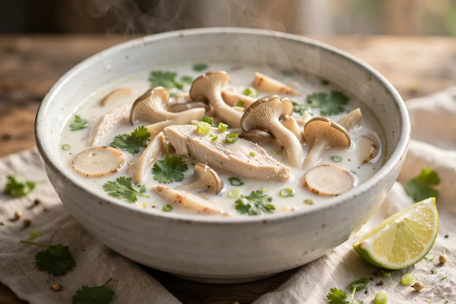 Bowl of creamy Tom Kha coconut soup with chicken slices, mushrooms and galangal, topped with cilantro and scallions, lime wedge beside the bowl