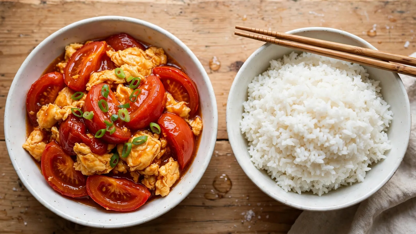 Tomato egg stir-fry in a white bowl with soft scrambled eggs, jammy tomato wedges and scallions, served with steamed rice