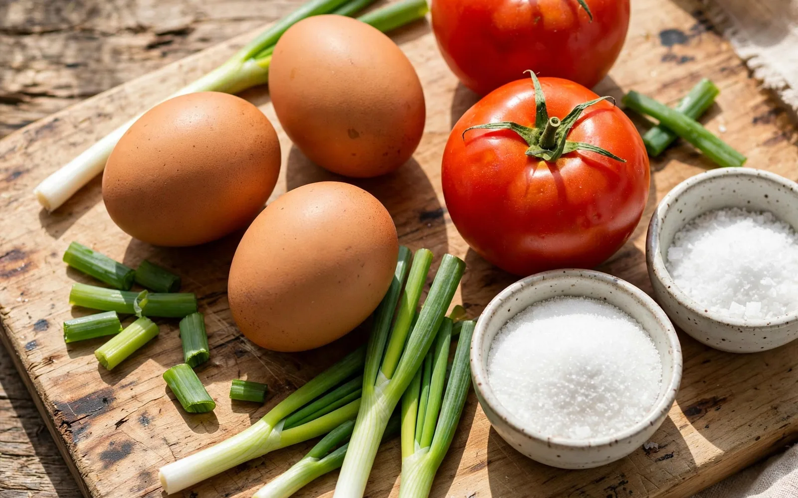 Ingredients for tomato egg stir-fry on a cutting board: eggs, ripe tomatoes, scallions, sugar and salt