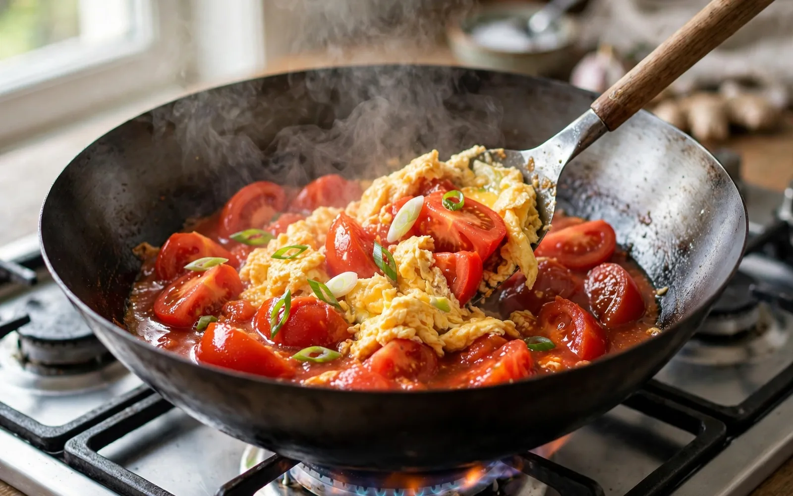 Tomato egg stir-fry cooking in a wok with tomatoes simmering in their juices and soft egg curds being folded in