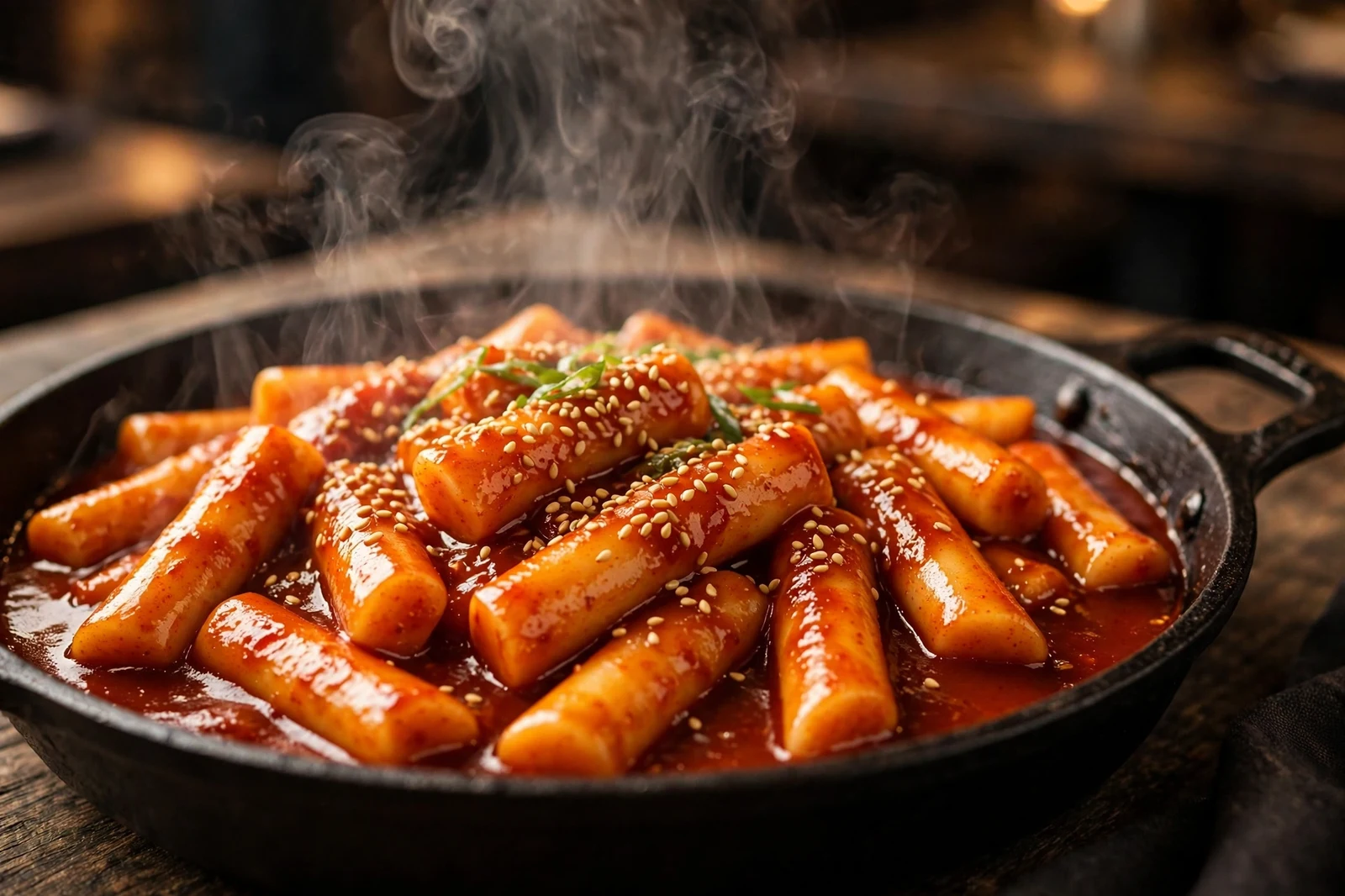 A pan of tteokbokki, chewy Korean rice cakes coated in a glossy deep-red gochujang sauce, with steam rising