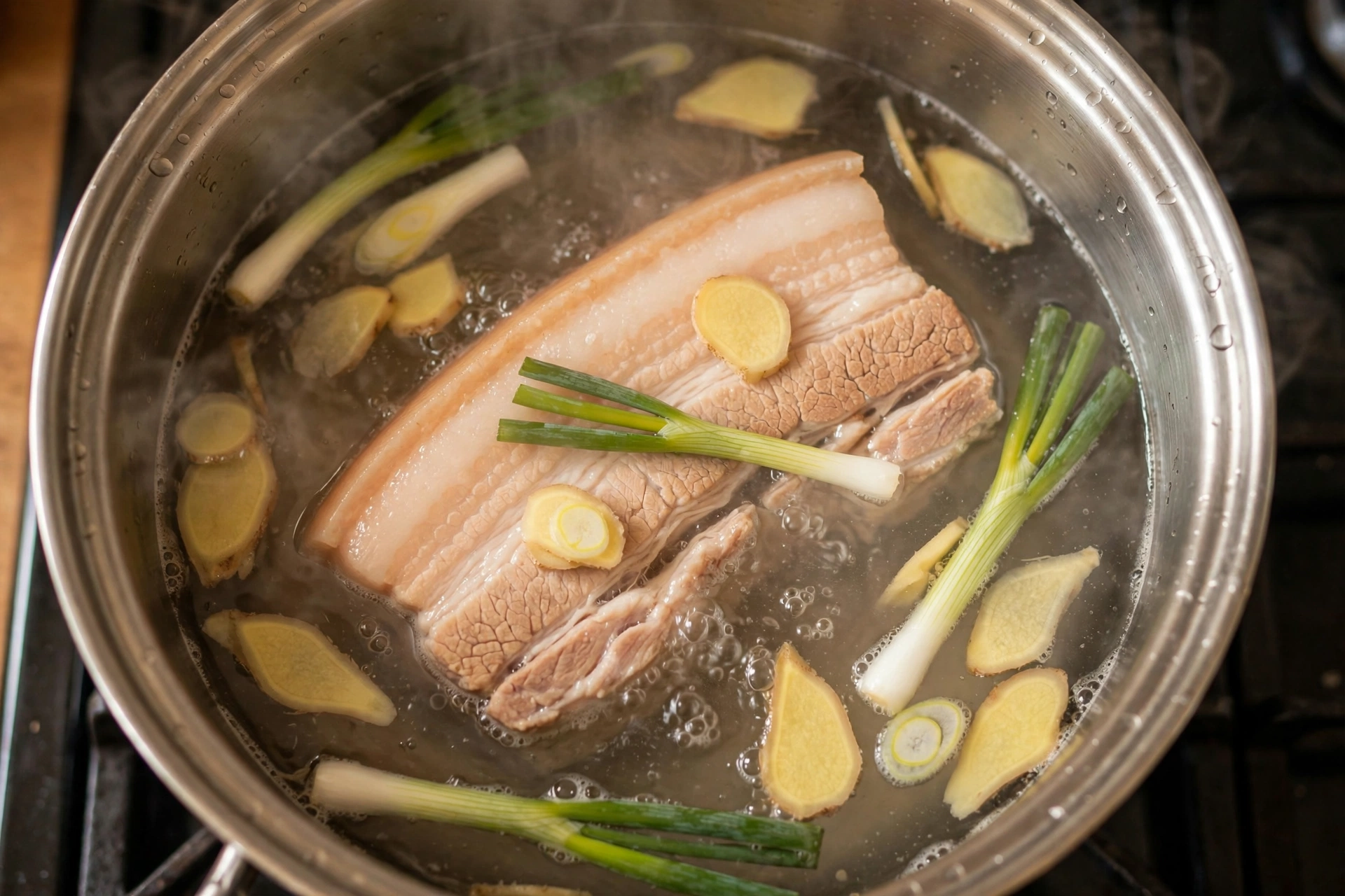 Pork belly simmering in a pot with ginger slices and scallions, steam rising from the lightly bubbling water