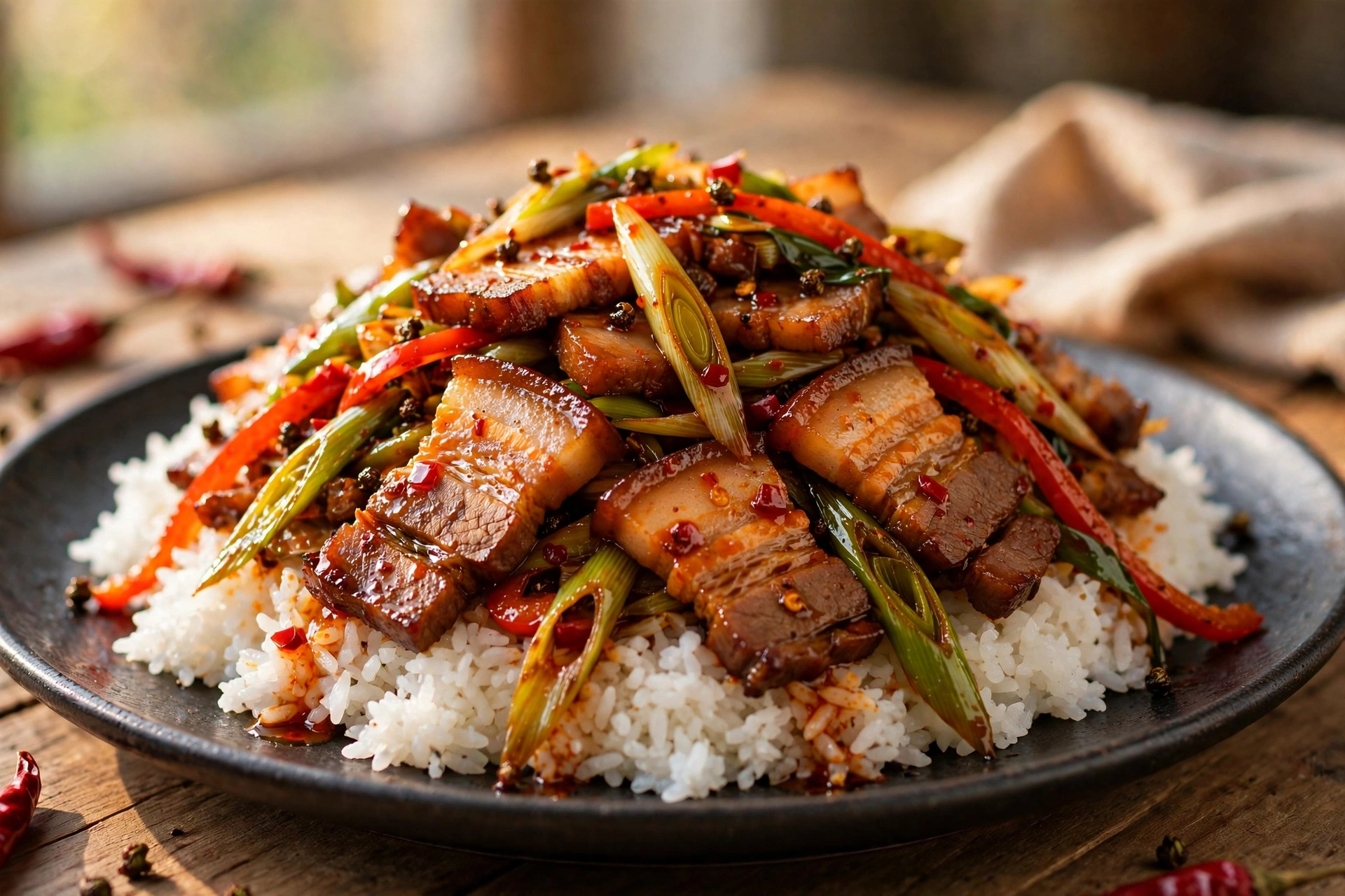A plate of twice-cooked pork: glossy caramelized pork belly slices tossed with leeks and red bell pepper strips in a red chili oil sauce, served over steamed white rice