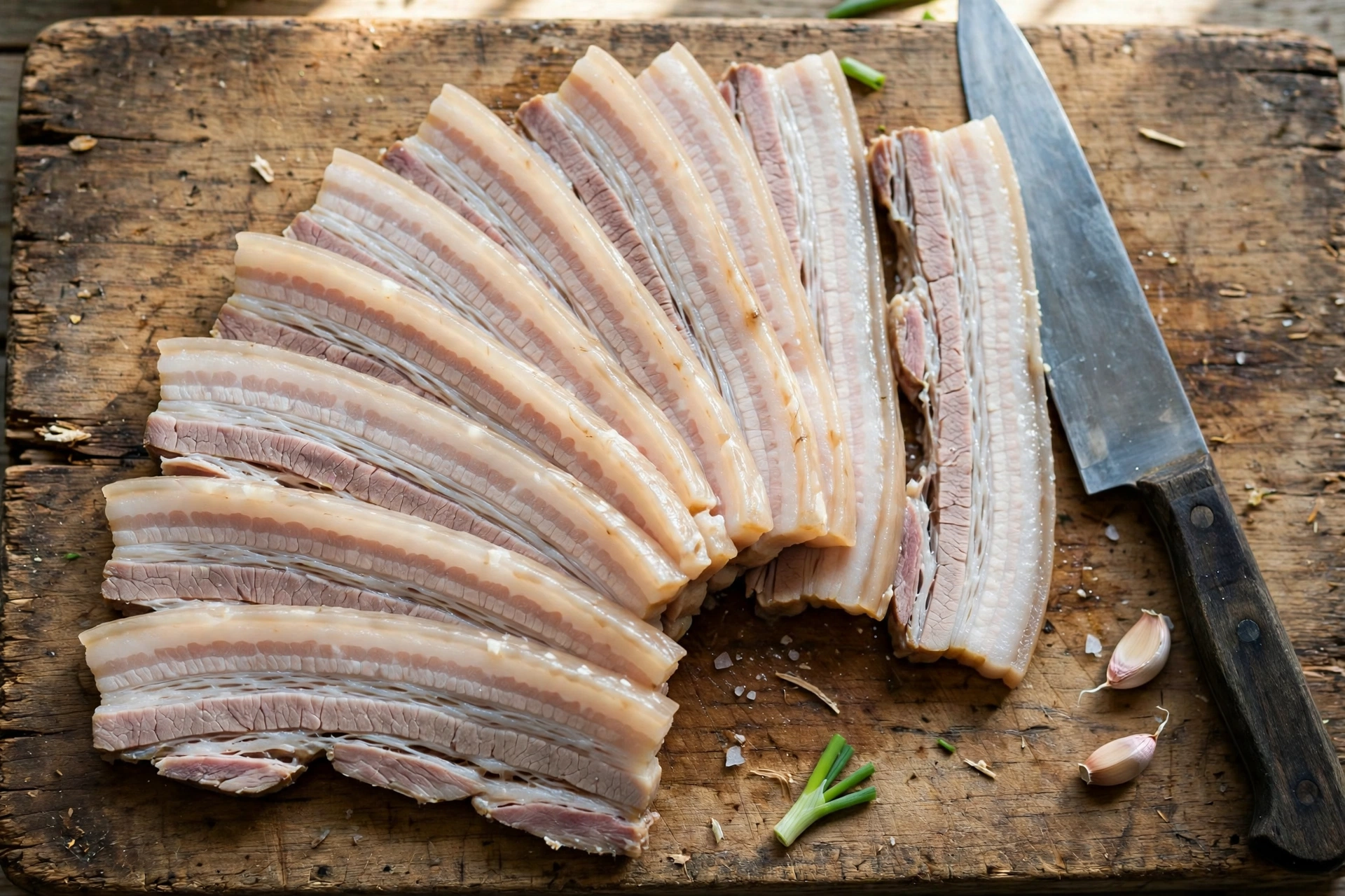 Thin slices of boiled pork belly fanned on a wooden cutting board, showing the layered fat and meat