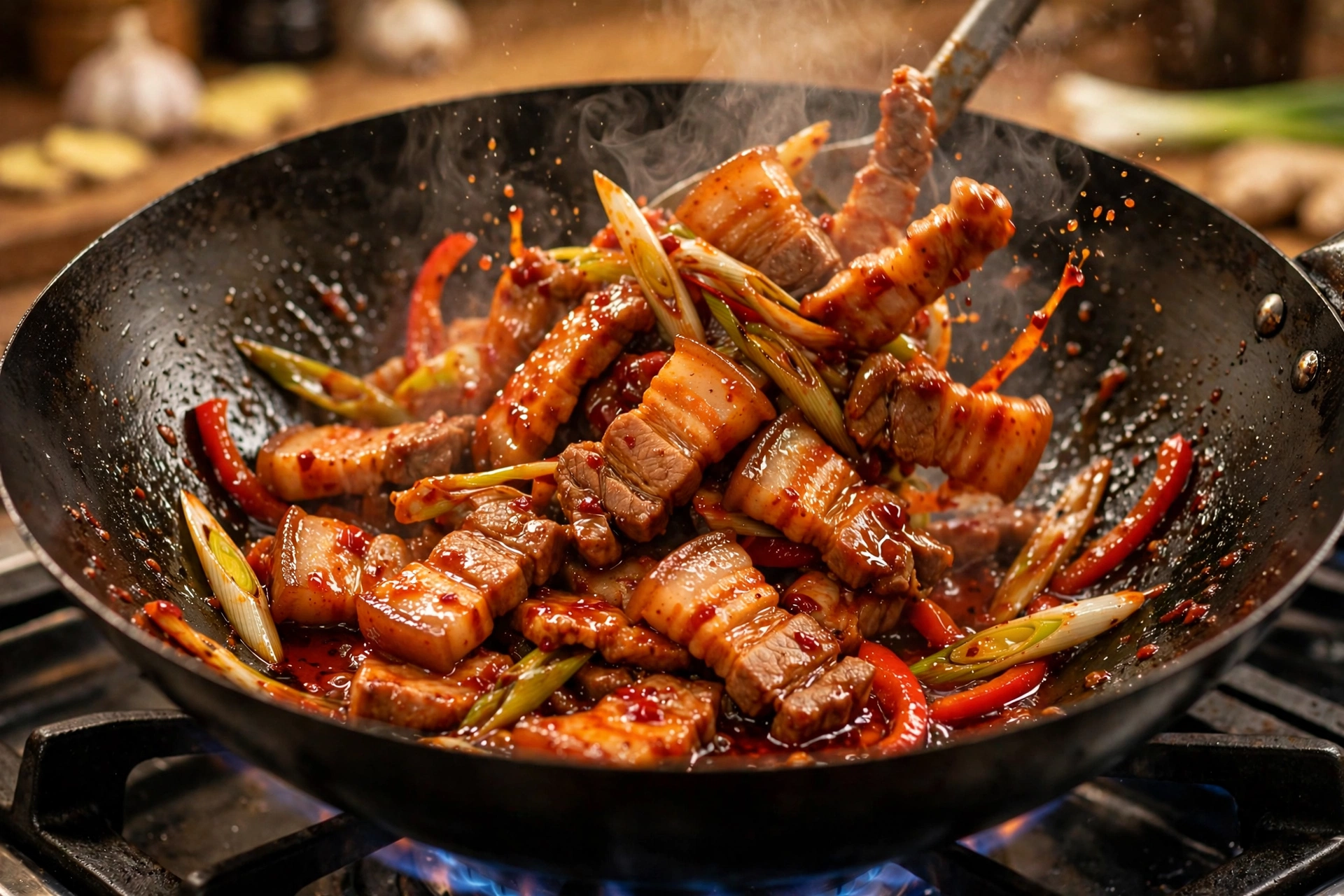 Pork belly slices stir-frying in a wok with red doubanjiang sauce, leeks, and red bell pepper strips