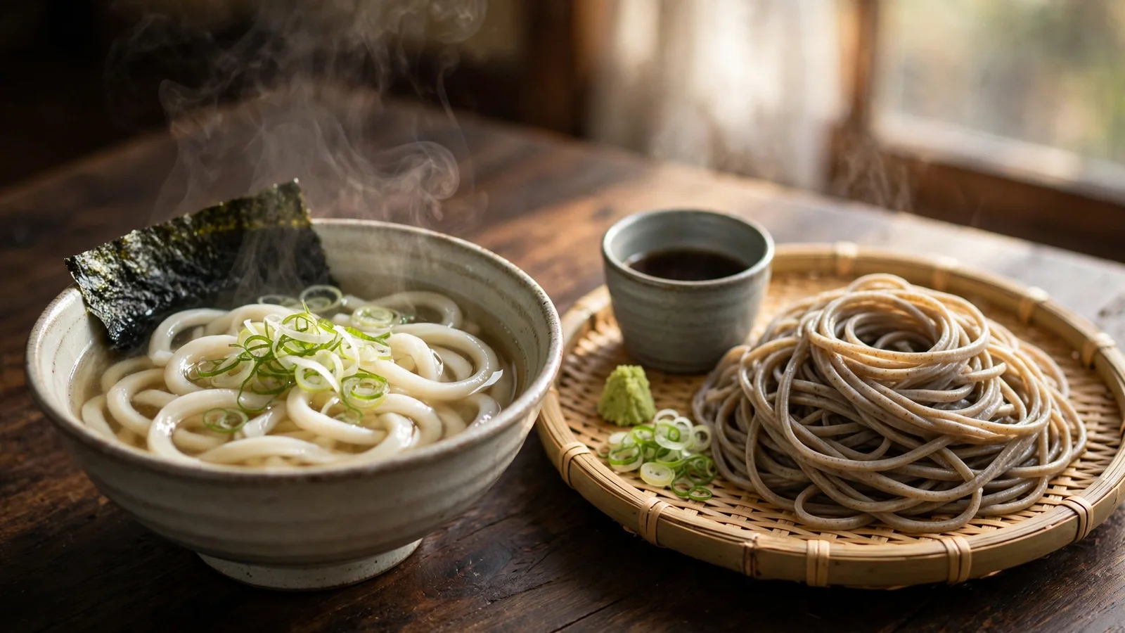 Steaming bowl of thick udon noodles in dashi broth with scallions and nori beside a bamboo tray of cold zaru soba with dipping sauce, wasabi and scallions on a dark wooden table