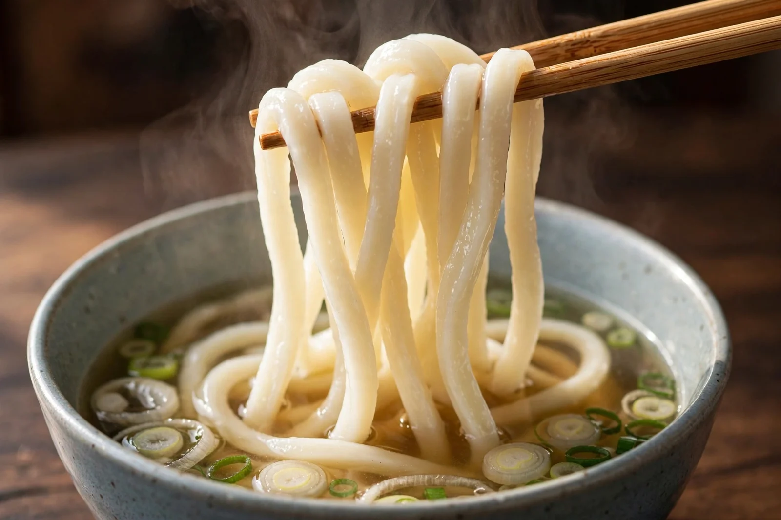 Wooden chopsticks lifting thick glossy udon noodles from a steaming bowl of dashi broth with sliced scallions
