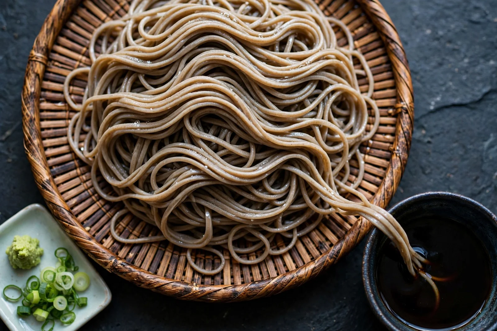 Thin brown soba noodles piled on a bamboo zaru tray with a cup of tsuyu dipping sauce, wasabi and sliced scallions beside it