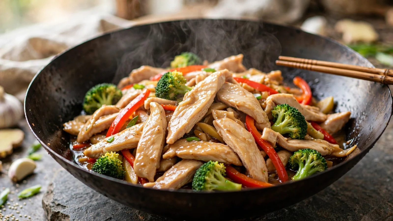 Carbon steel wok of glossy velveted chicken stir-fry with broccoli florets and red pepper strips in a light shiny sauce, steam rising, chopsticks resting on the wok edge