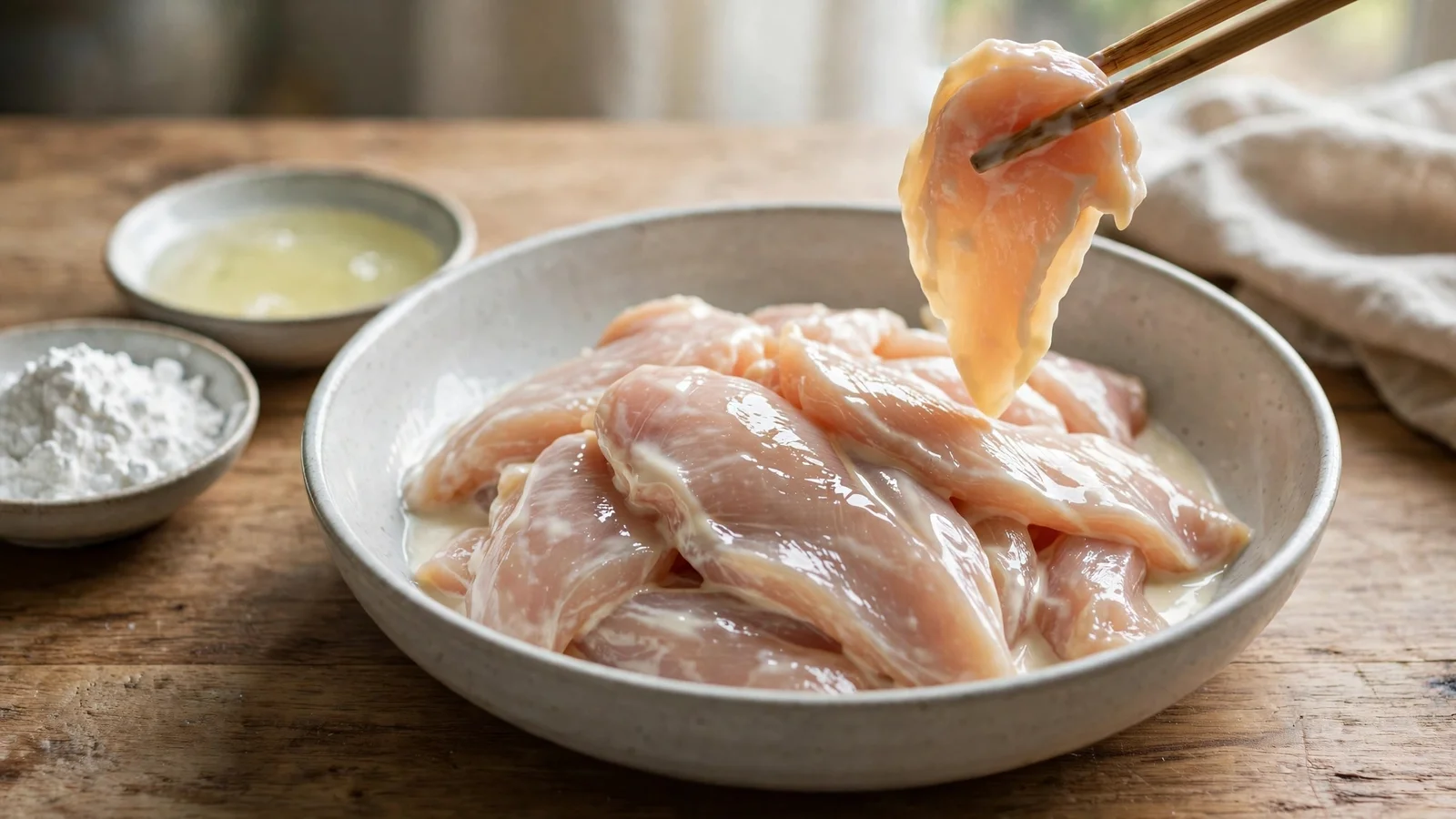 Ceramic bowl of raw thinly sliced chicken breast coated in a glossy cornstarch and egg-white marinade, chopsticks lifting one coated slice, with small dishes of cornstarch and egg white beside the bowl
