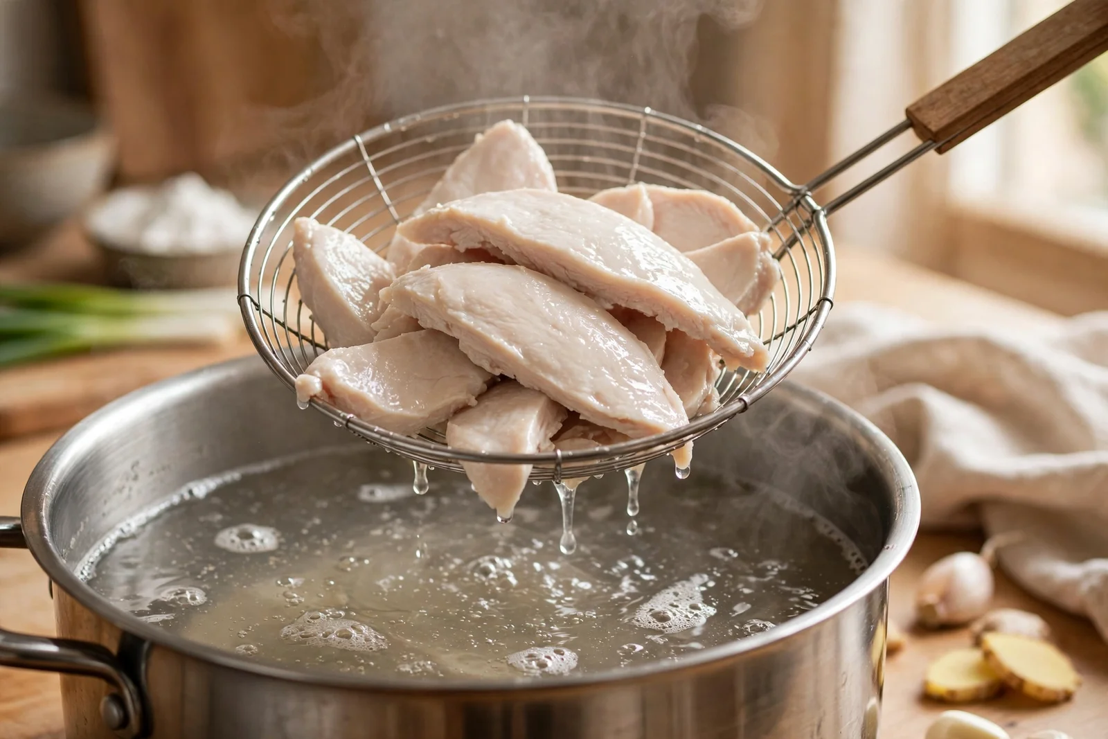 Wire spider strainer lifting opaque white velveted chicken slices out of a pot of gently simmering blanching water, steam rising